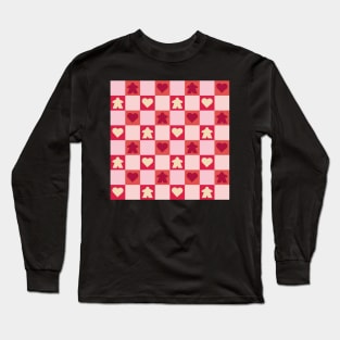 Red Valentine Meeple Gingham Check | Game Night Picnic Checkerboard Long Sleeve T-Shirt